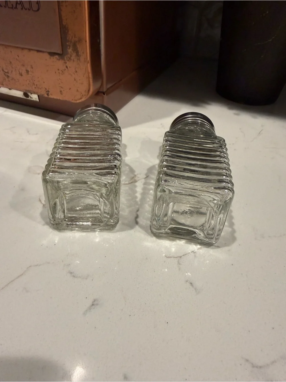 Vintage Ribbed Glass Salt & Pepper Shakers with Chrome Lids | Retro Kitchen Set